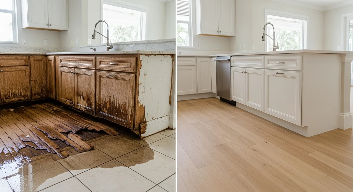 Before and after water damage reconstruction at a Palm Beach Gardens FL residence showing complete restoration of walls, flooring, and finishes