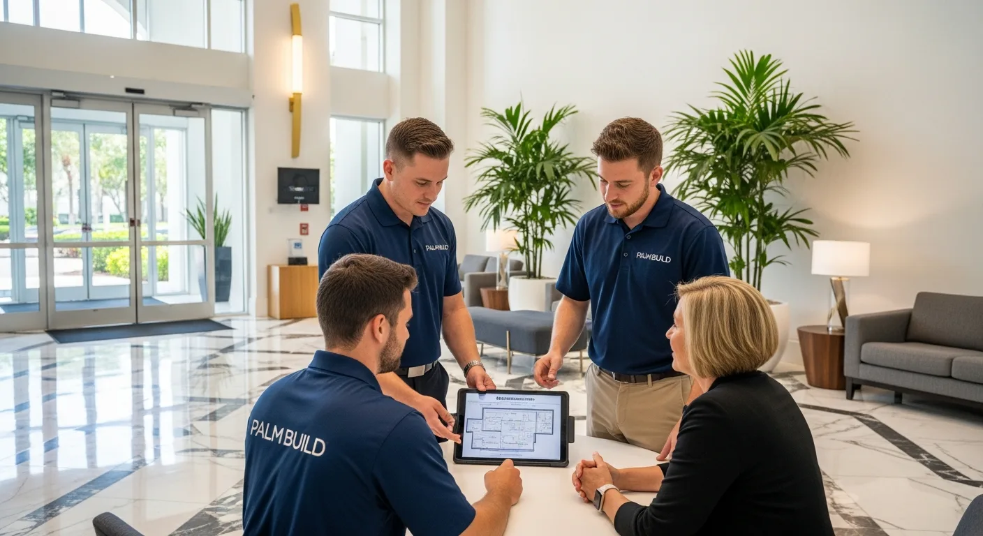 Palm Build restoration team consulting with a Palm Beach Gardens FL commercial property manager on restoration scope