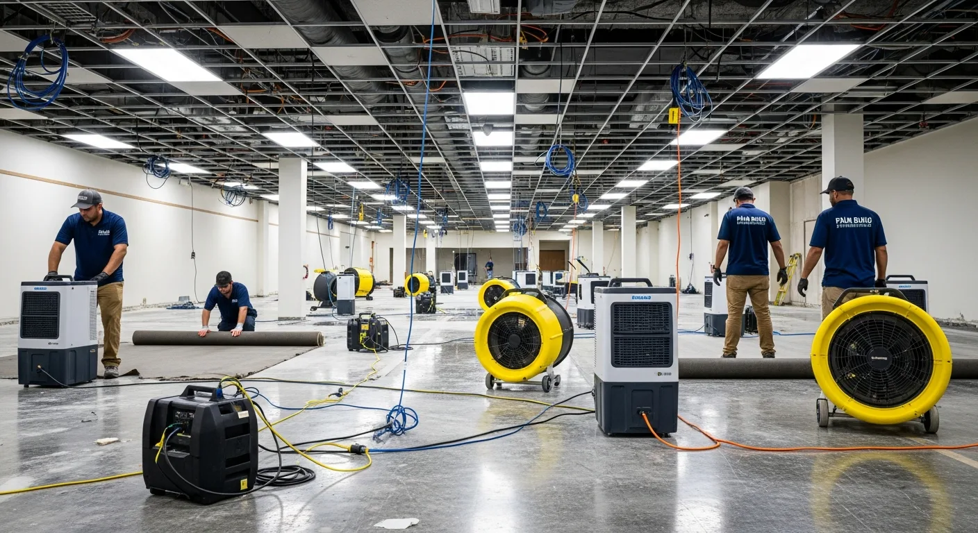 Palm Build commercial restoration team responding to a retail property in Palm Beach Gardens Florida with professional extraction equipment and commercial drying systems deployed