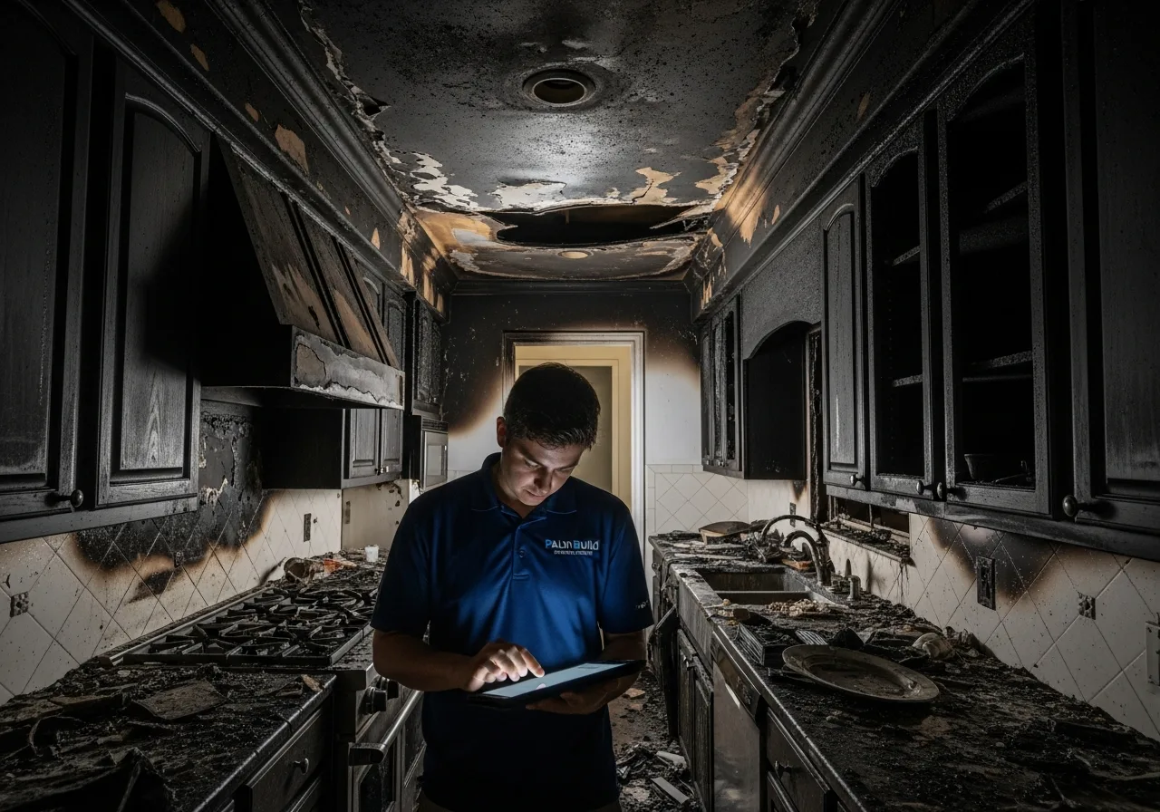 Palm Build fire damage assessment technician inspecting smoke-damaged ceiling and walls in a Palm Beach Gardens Florida luxury home with high ceilings and modern finishes