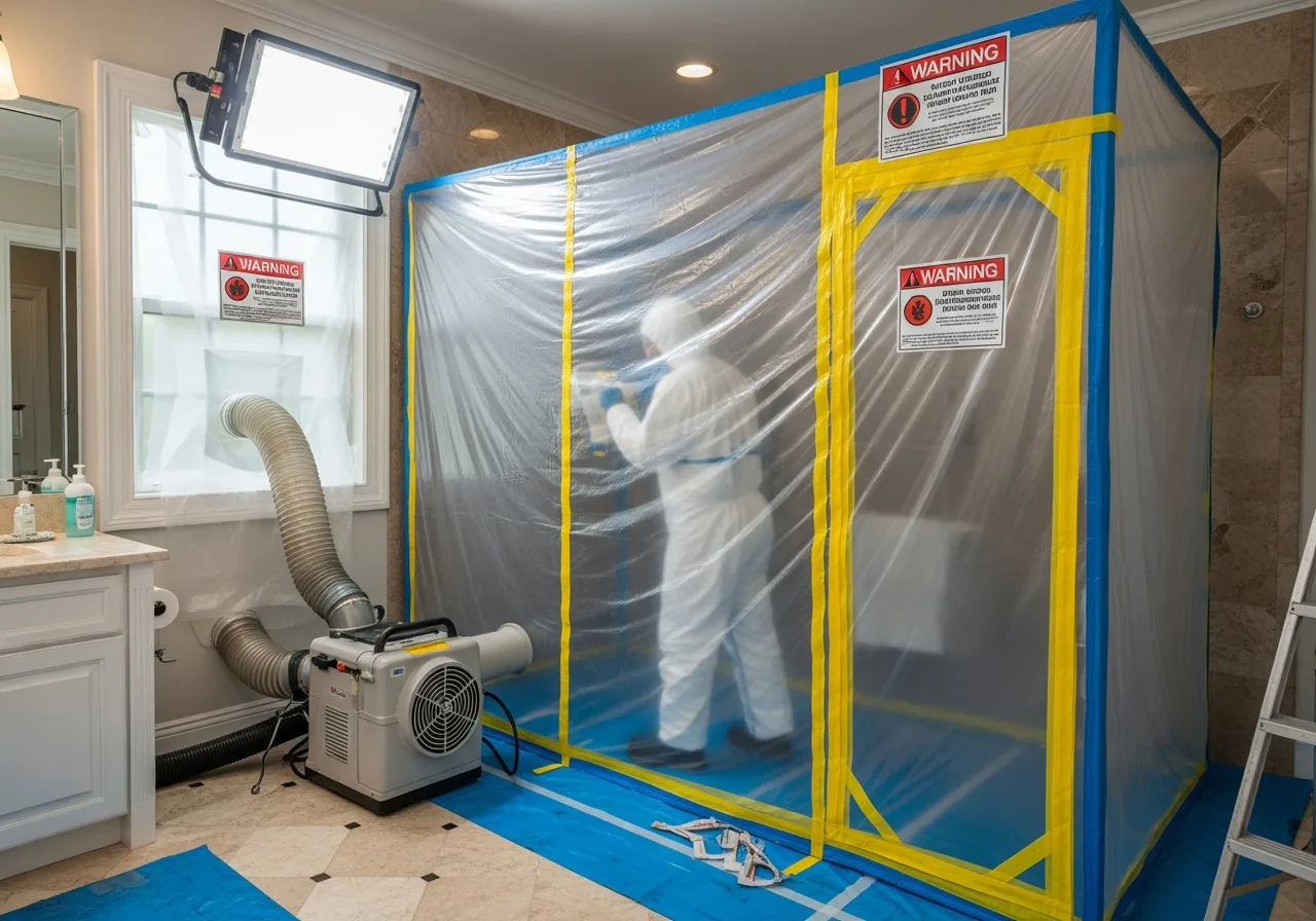 Professional mold remediation containment setup with HEPA filtration and negative air machines in a Palm Beach Gardens FL luxury home