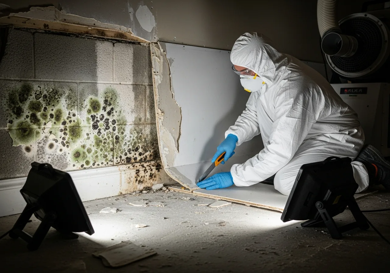 Palm Build technician in full PPE performing mold remediation in a Palm Beach Gardens Florida home, removing contaminated drywall from CBS stucco wall