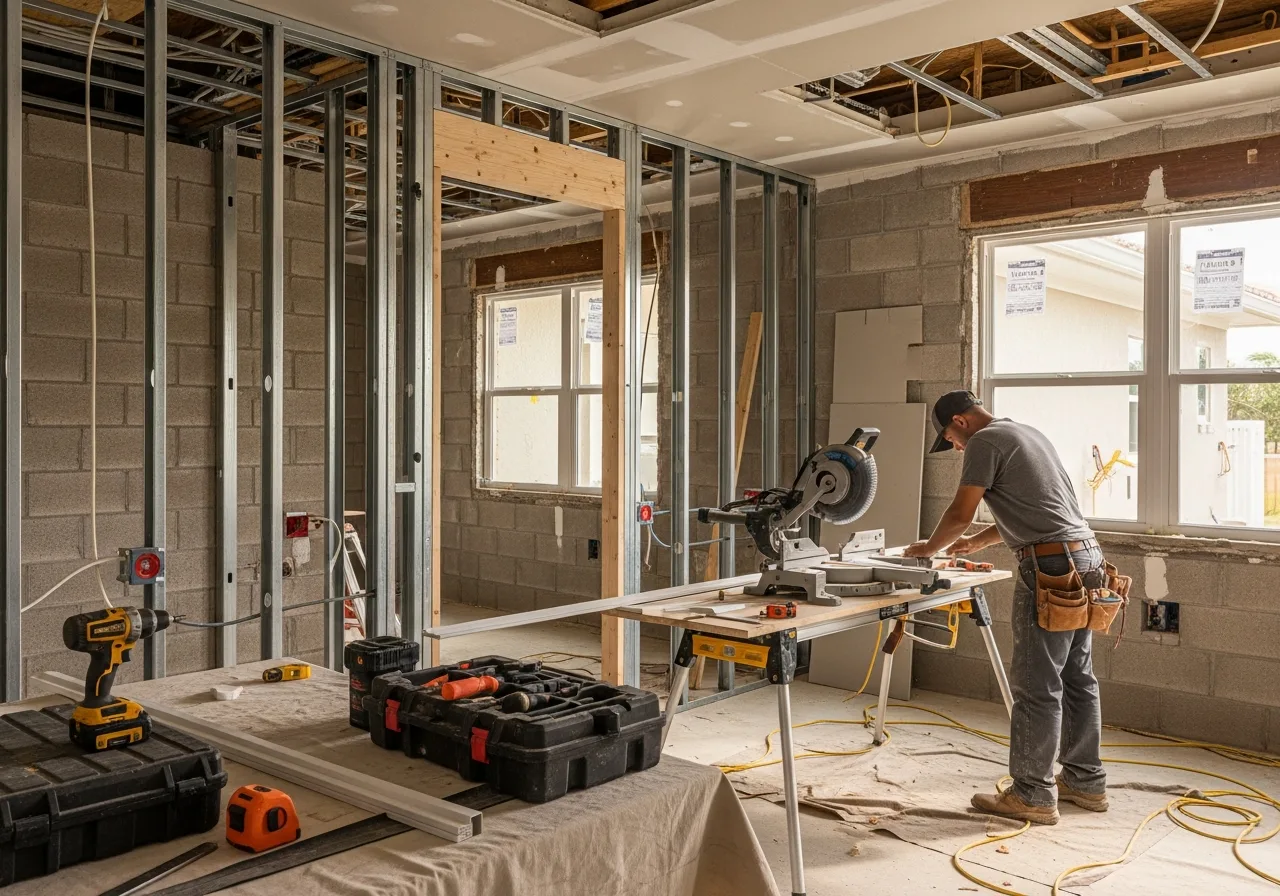 Interior reconstruction in progress at a luxury Palm Beach Gardens Florida home showing CBS stucco wall repair, new impact windows, and premium finish work by Palm Build