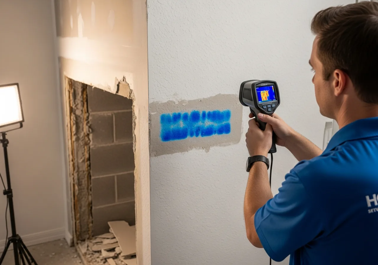 Palm Build technician using FLIR thermal imaging camera to detect hidden moisture behind walls in a Palm Beach Gardens Florida home during insurance claim documentation