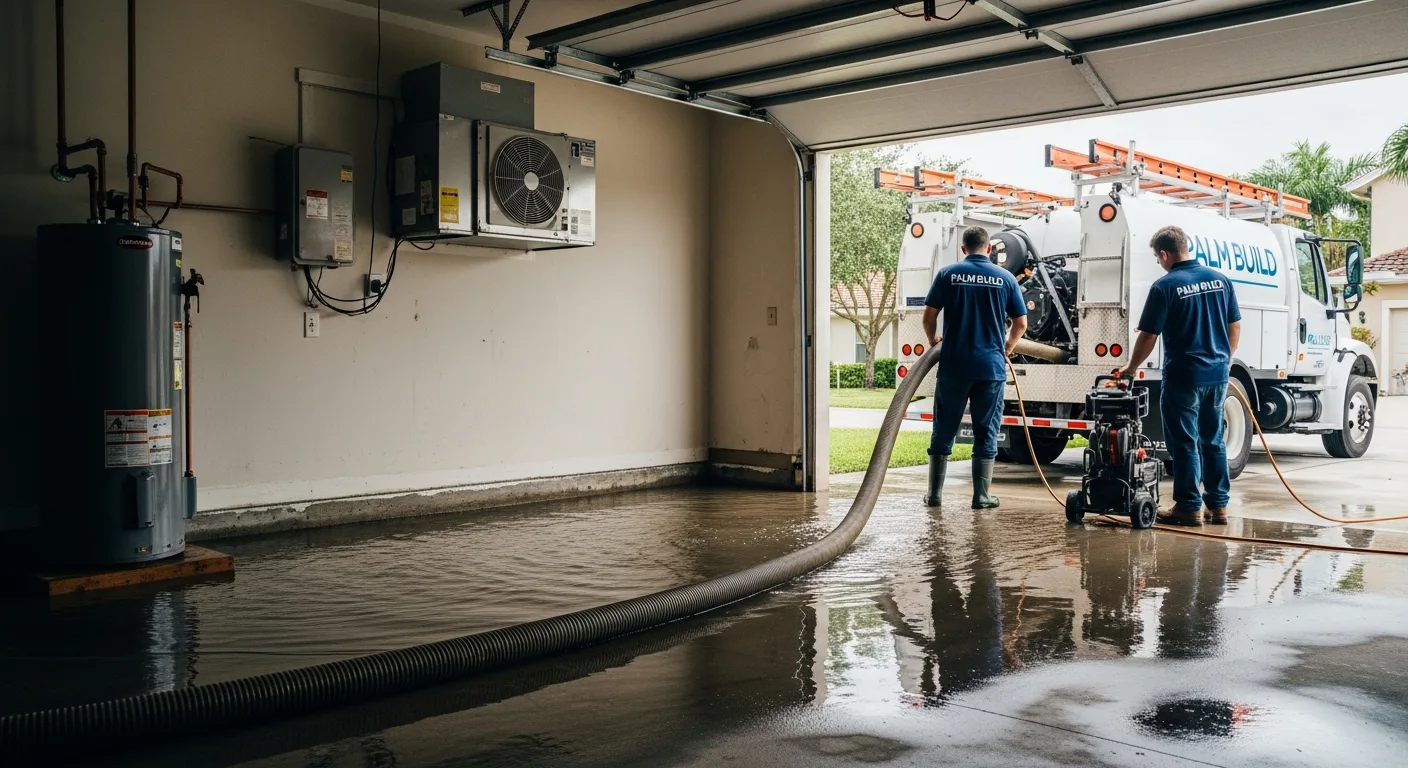 Palm Build restoration technician using truck-mounted water extraction equipment in a flooded garage of a Palm Beach Gardens Florida home