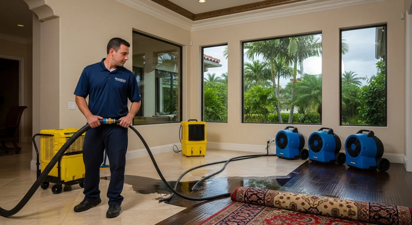 Palm Build restoration technician performing water extraction in an upscale Palm Beach Gardens Florida home with stucco walls and tropical landscaping visible through impact windows