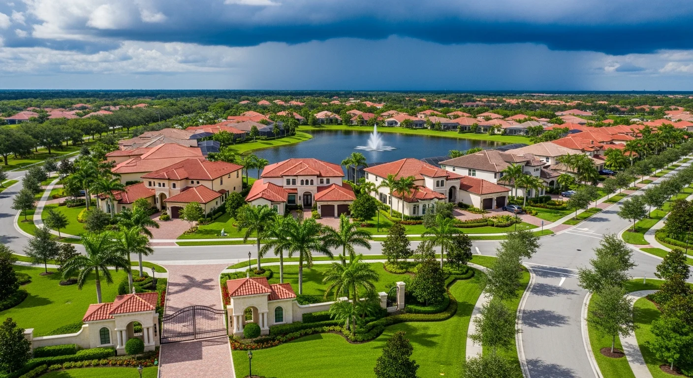 Aerial view of a luxury gated community in Parkland Florida with storm clouds building over the Everglades showing the lake and canal network that manages stormwater