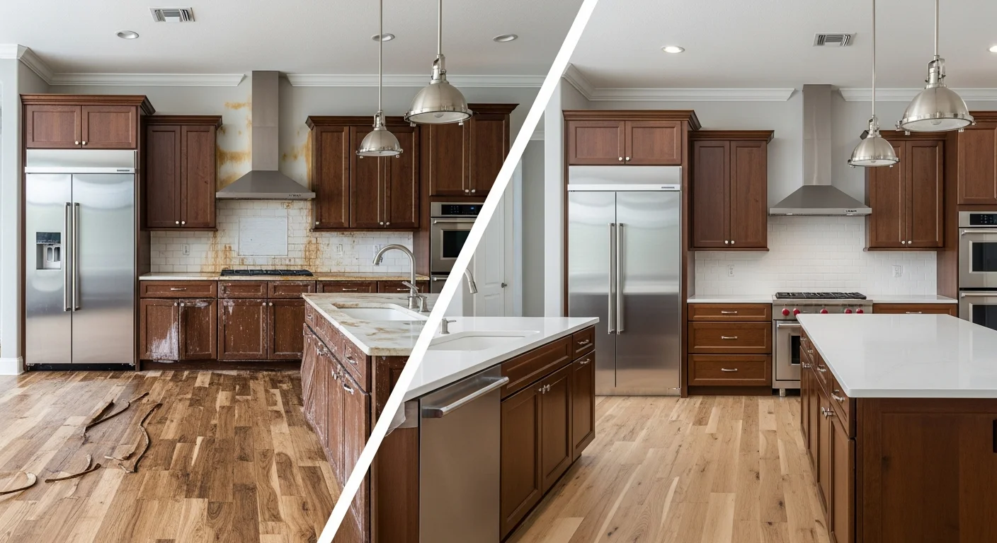 Before and after comparison of a water-damaged luxury kitchen restored by Palm Build in Parkland FL showing complete restoration with matched premium finishes
