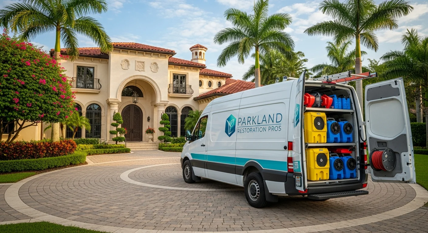 Palm Build branded service van parked in the driveway of a luxury Parkland FL home during an active reconstruction project