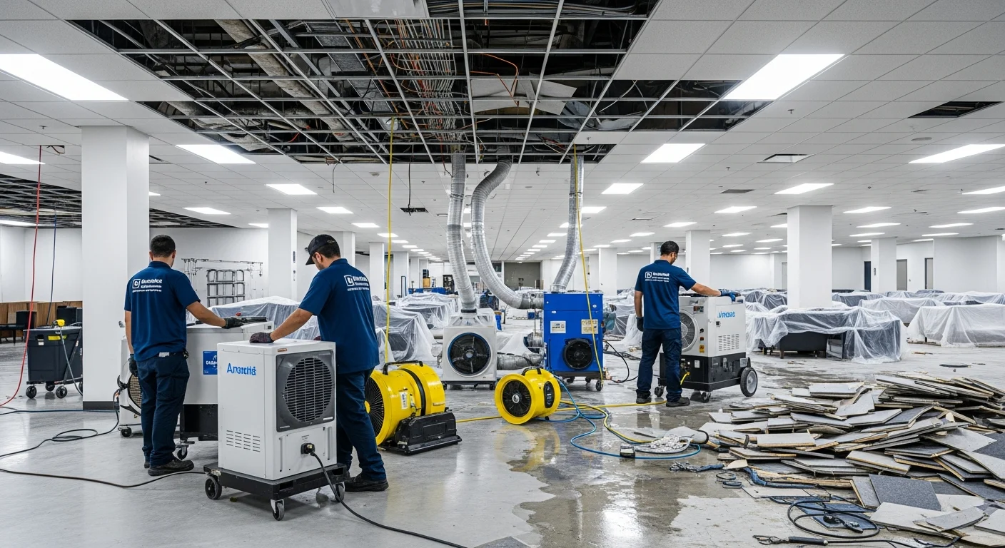 Professional commercial restoration in progress at a Parkland Florida office building with Palm Build crew and equipment on site