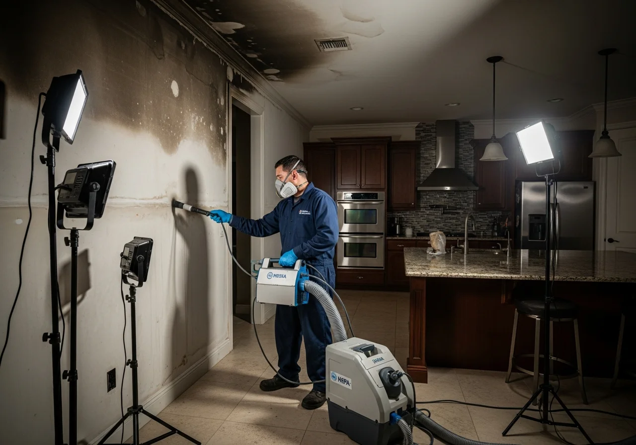Palm Build technician performing fire and smoke damage cleanup inside a Parkland Florida home
