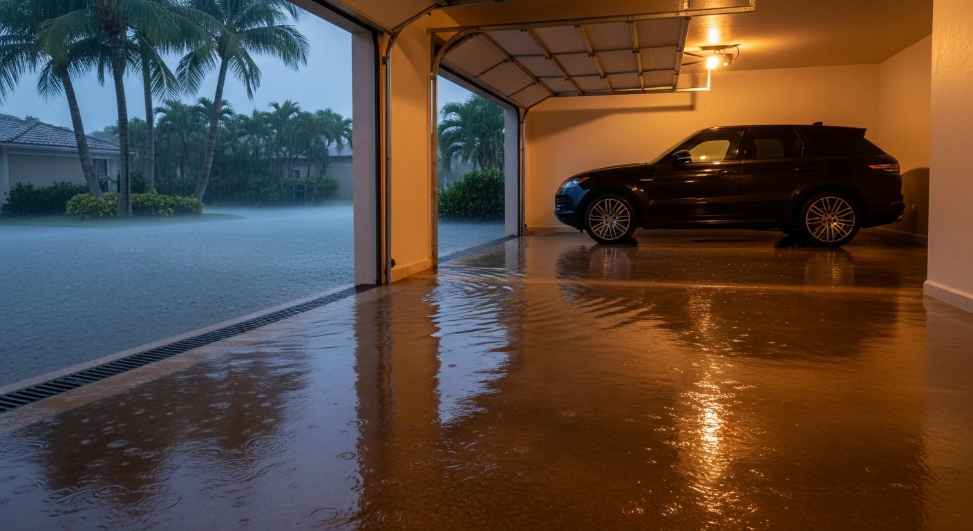 Standing water flooding a garage floor in a Parkland Florida luxury home after hurricane showing water intrusion at the garage door seal and slab edge