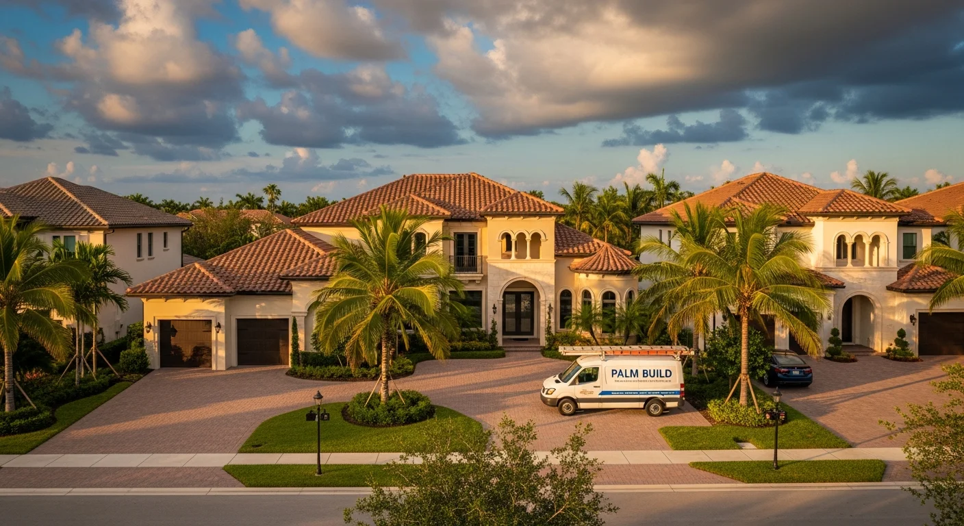 Aerial view of luxury Mediterranean-style homes in Parkland Florida gated community with Palm Build response vehicle in driveway