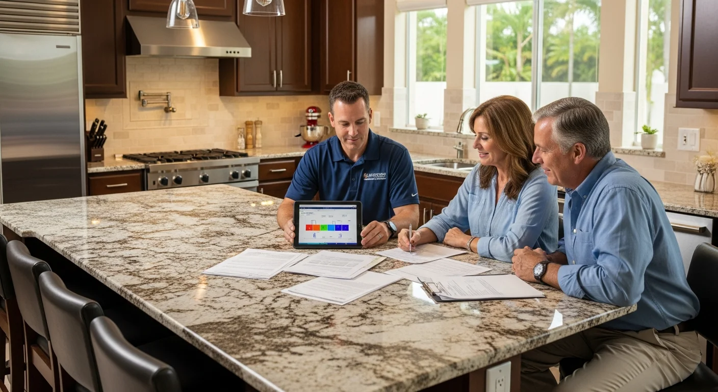Palm Build project manager reviewing hurricane damage insurance documentation with Parkland homeowners showing damage photos and moisture readings