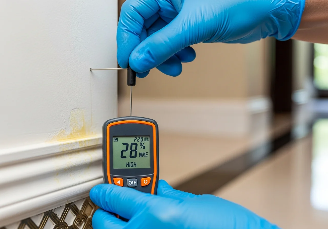 Close-up of a pin-type moisture meter showing elevated readings on drywall in a Parkland Florida home during insurance documentation