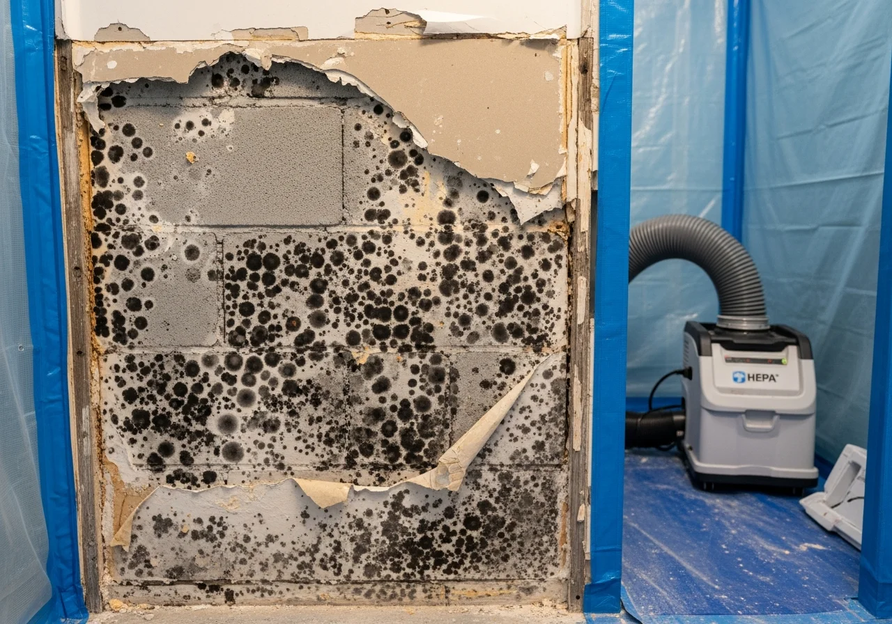 Mold colonies growing behind drywall on CBS concrete block wall in a Parkland FL luxury home