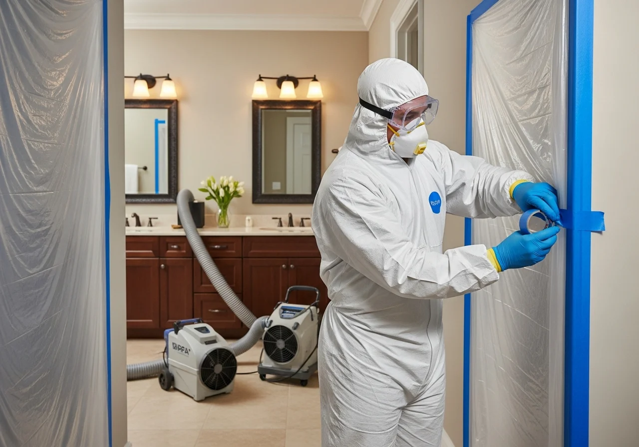 Mold remediation containment setup with HEPA equipment during a Parkland Florida home project