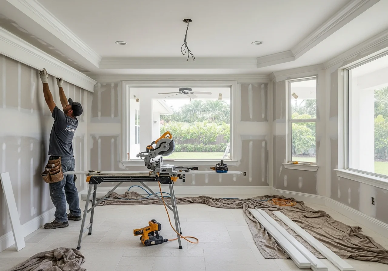 Palm Build reconstruction crew performing interior carpentry work in a luxury Parkland Florida home with custom cabinetry and premium finishes visible