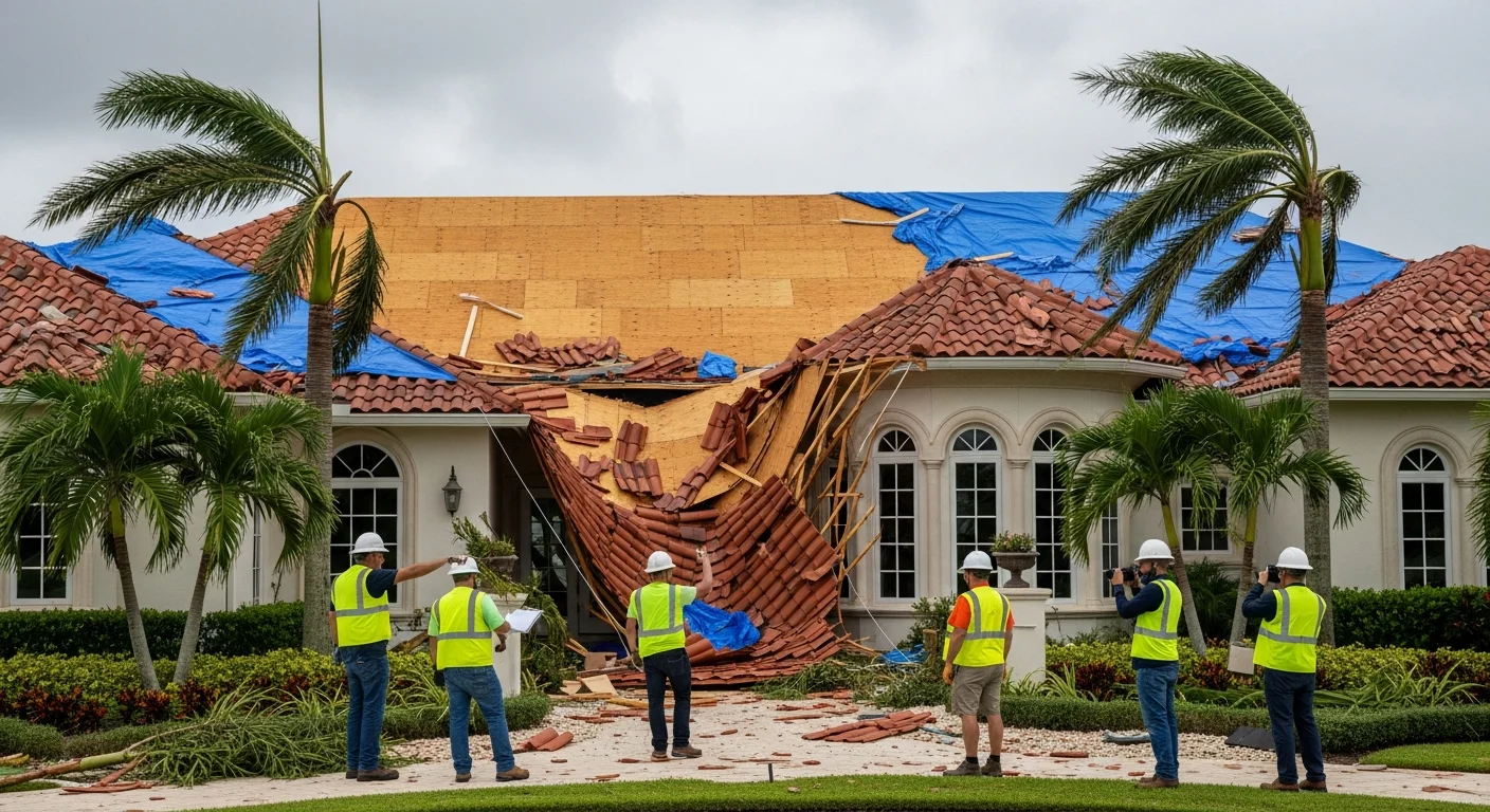 Palm Build team performing storm damage roof assessment on a luxury Parkland Florida home with displaced S-tiles and exposed underlayment after hurricane-force winds