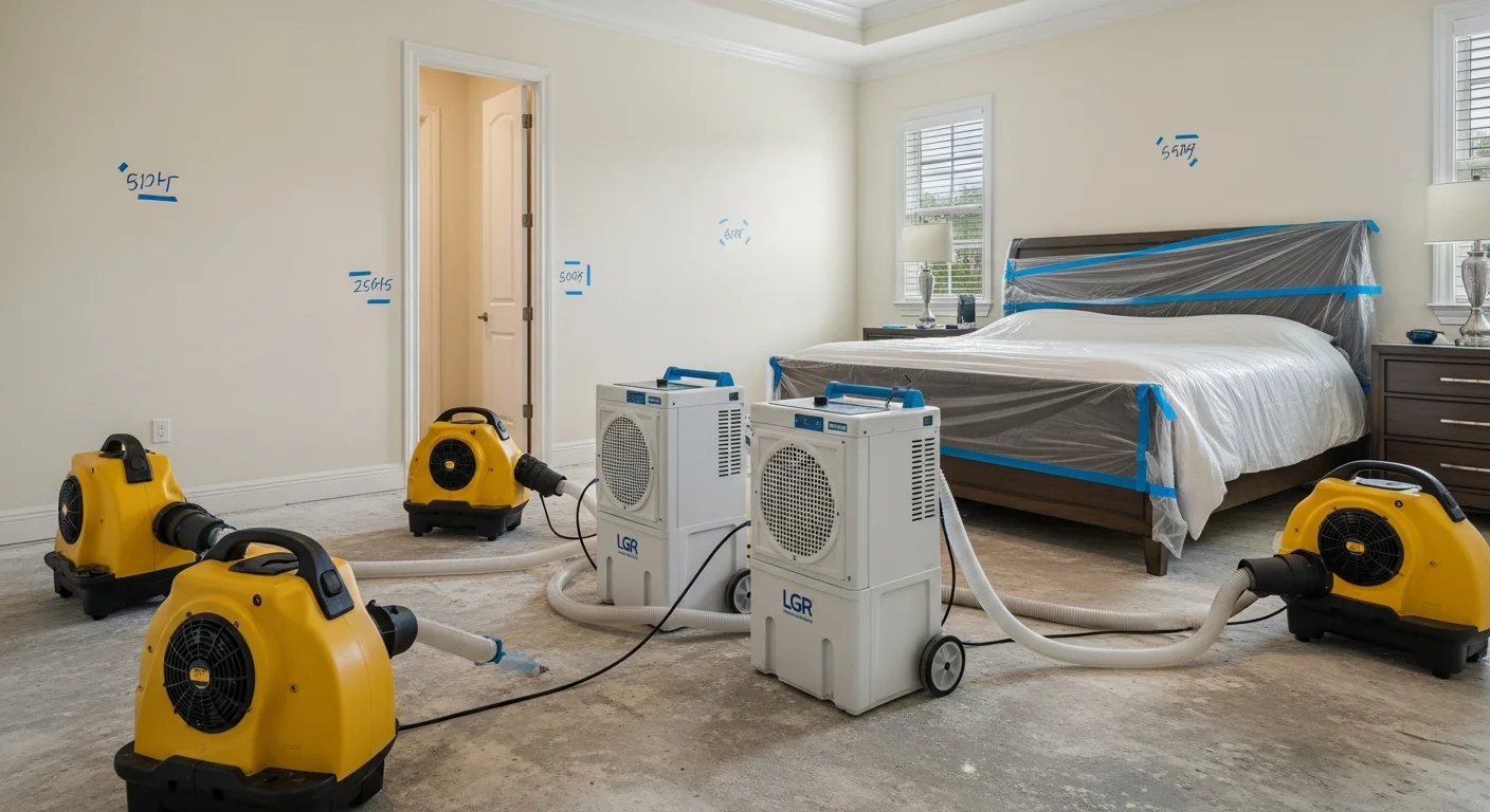 Commercial drying equipment including LGR dehumidifiers and air movers deployed in a storm-damaged Parkland Florida luxury home for structural drying after hurricane water intrusion