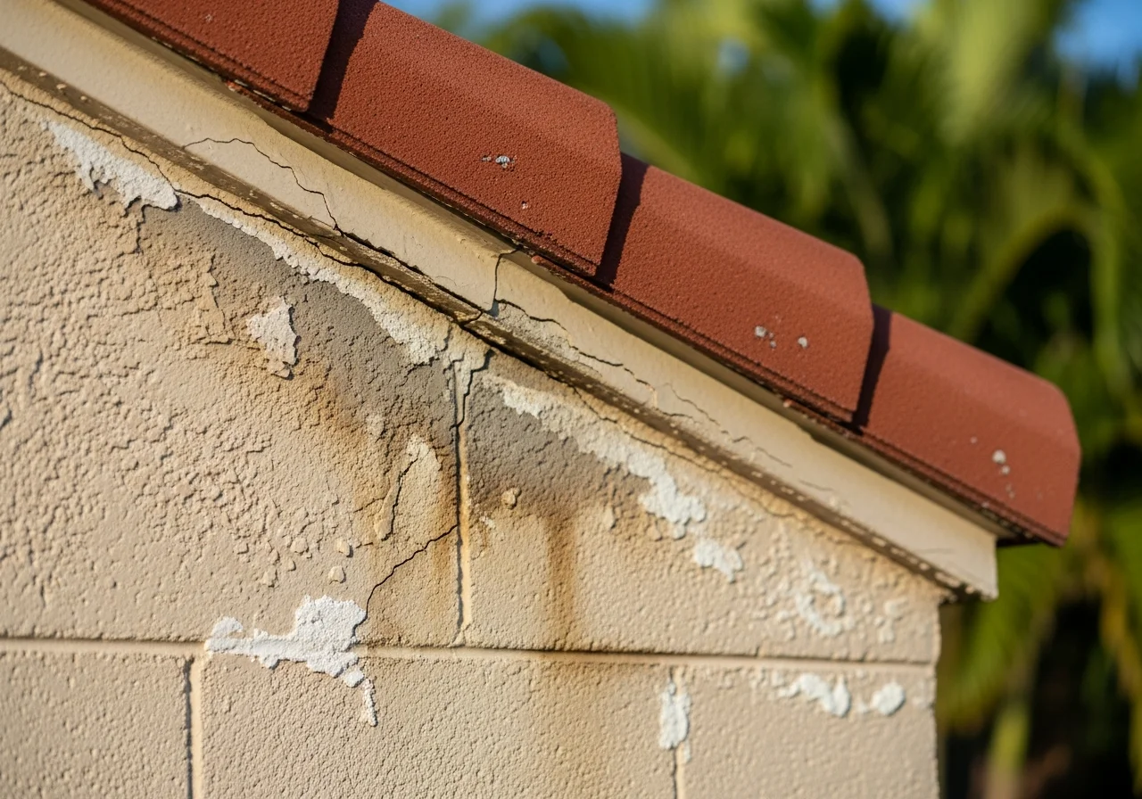 Close-up of hairline stucco crack at a window transition on a Parkland Florida CBS home showing the water intrusion pathway exploited by wind-driven rain during hurricanes