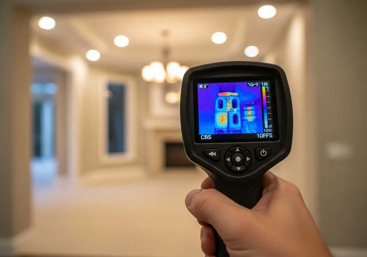 Palm Build technician using thermal imaging camera to detect hidden moisture behind CBS walls in a Parkland Florida home for insurance documentation