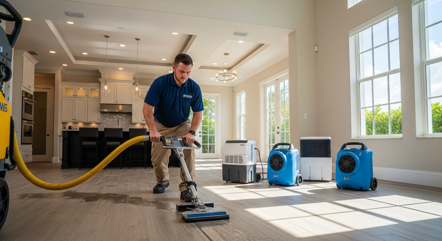 Palm Build technician performing truck-mounted water extraction in a Parkland Florida luxury home