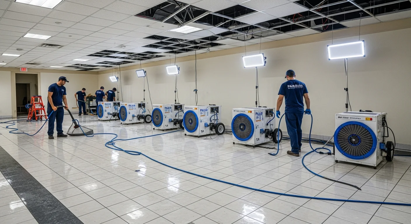 Palm Build commercial restoration crew with industrial equipment outside a Pembroke Pines Florida strip mall on Pines Boulevard performing emergency water extraction after storm damage