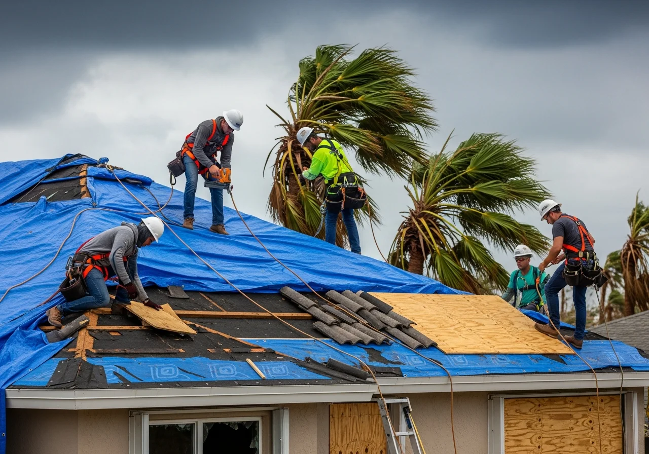 Palm Build emergency crew performing board-up and tarping on a storm-damaged Pembroke Pines Florida home with plywood over windows and heavy-duty tarp on roof