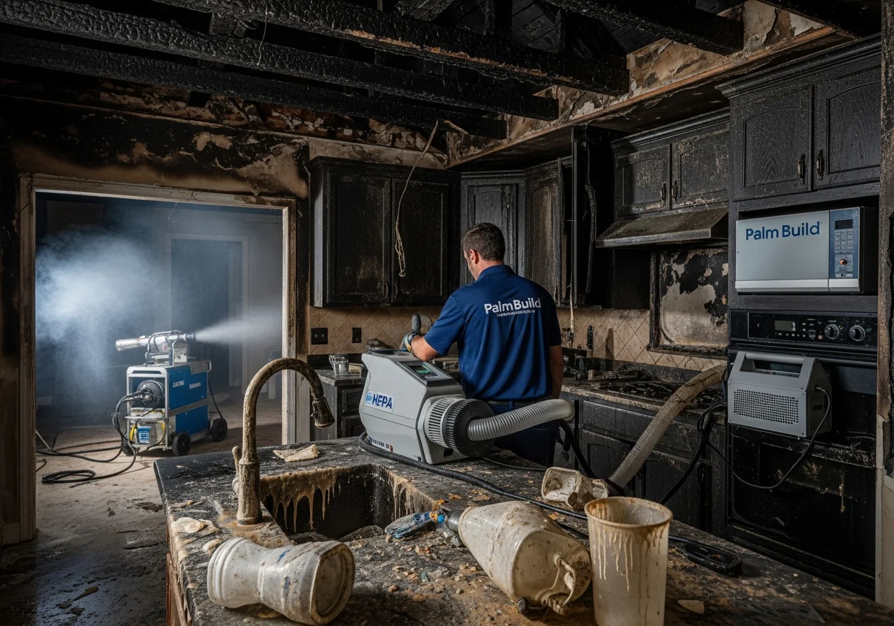 Palm Build fire and smoke damage restoration crew working inside a Pembroke Pines Florida home with professional soot removal equipment and air scrubbers deployed
