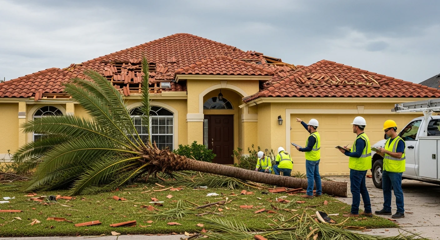 Palm Build restoration technician assessing hurricane and storm damage to a stucco home in Pembroke Pines Florida with displaced barrel tile roof sections and wind debris