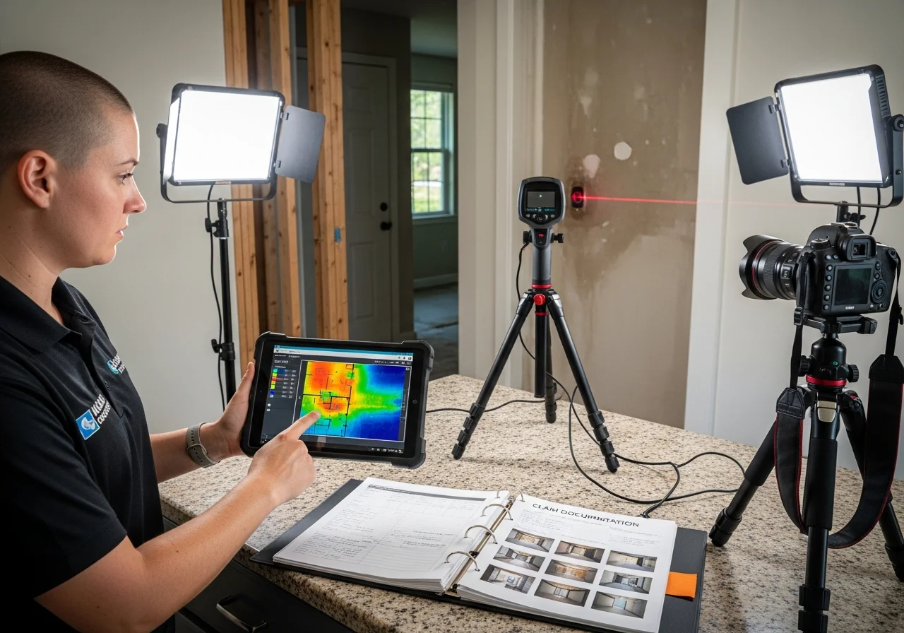 Palm Build restoration technician documenting storm damage with tablet-based moisture mapping software inside a Pembroke Pines Florida home for insurance claim filing