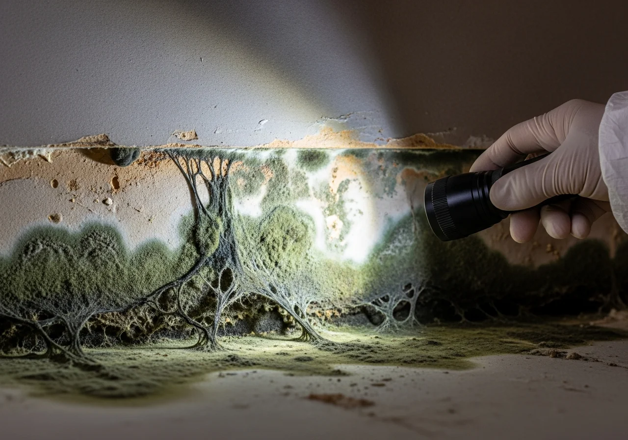 Palm Build technician performing mold inspection with moisture detection equipment in a Pembroke Pines Florida home