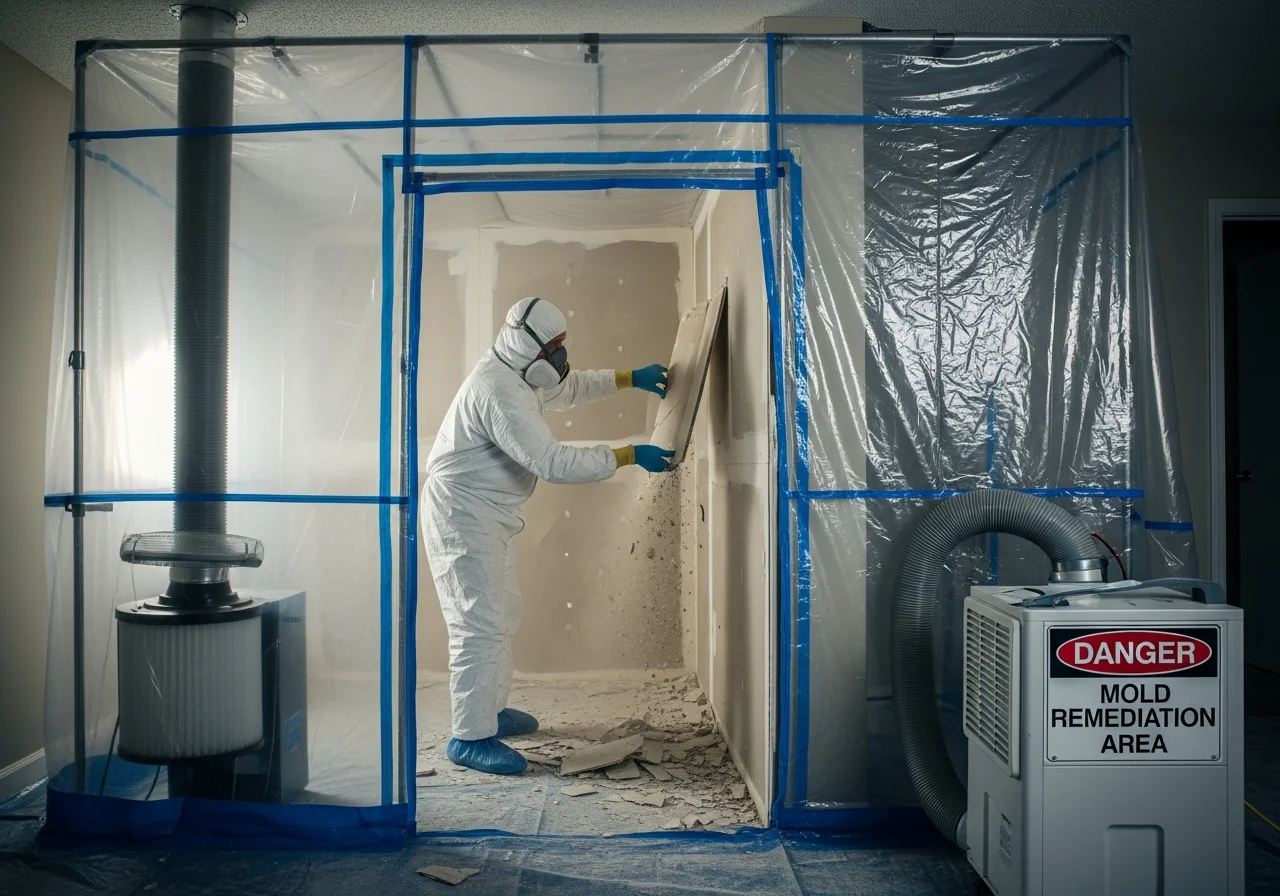 Palm Build mold remediation team setting up containment barriers with HEPA filtration inside a Pembroke Pines Florida stucco home