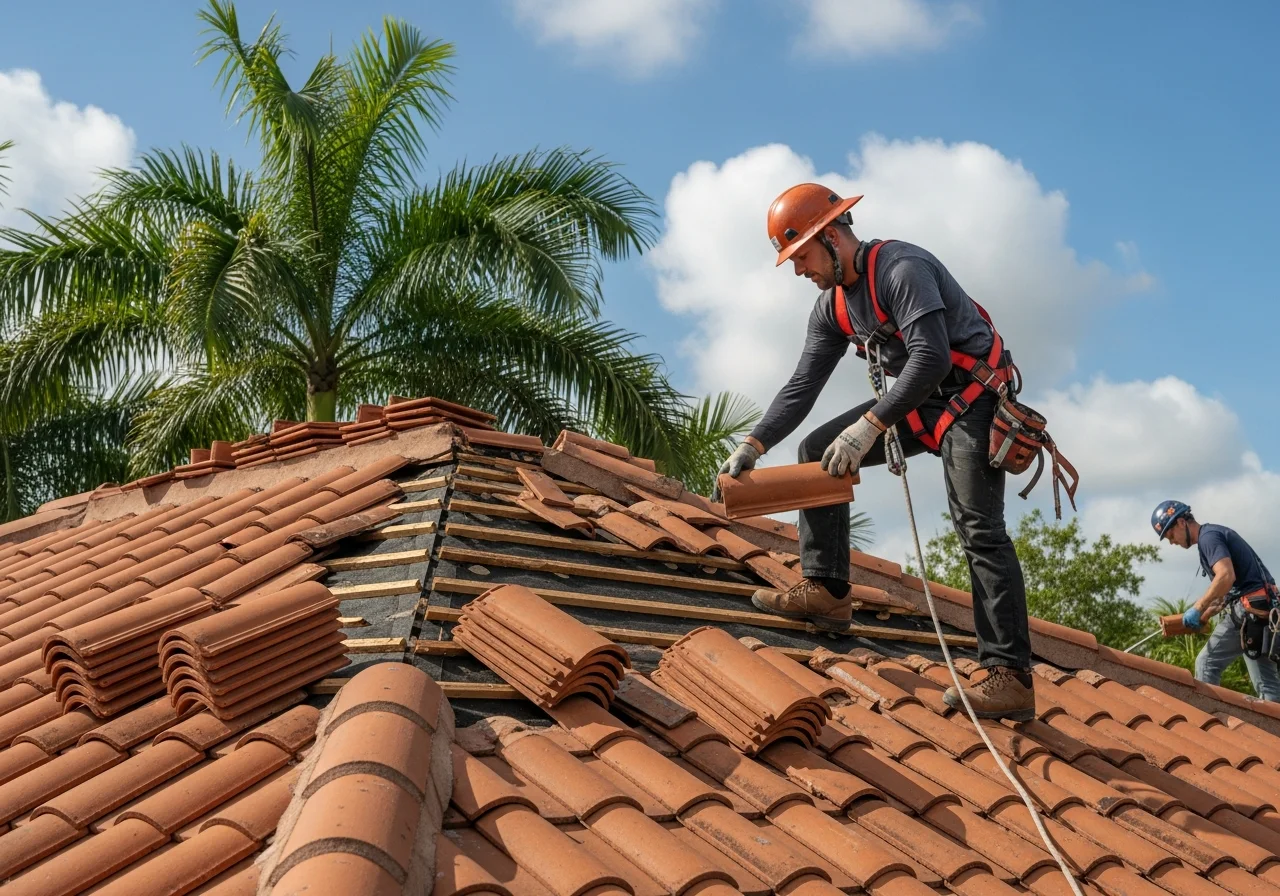 Palm Build crew performing emergency roof repair on a storm-damaged barrel tile roof in Pembroke Pines Florida with tarping materials and safety equipment