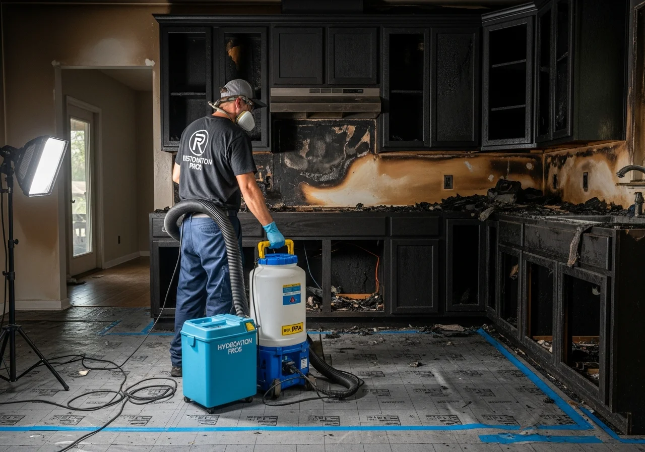 Palm Build technician performing professional smoke odor removal with thermal fogging equipment inside a fire-damaged Pembroke Pines home