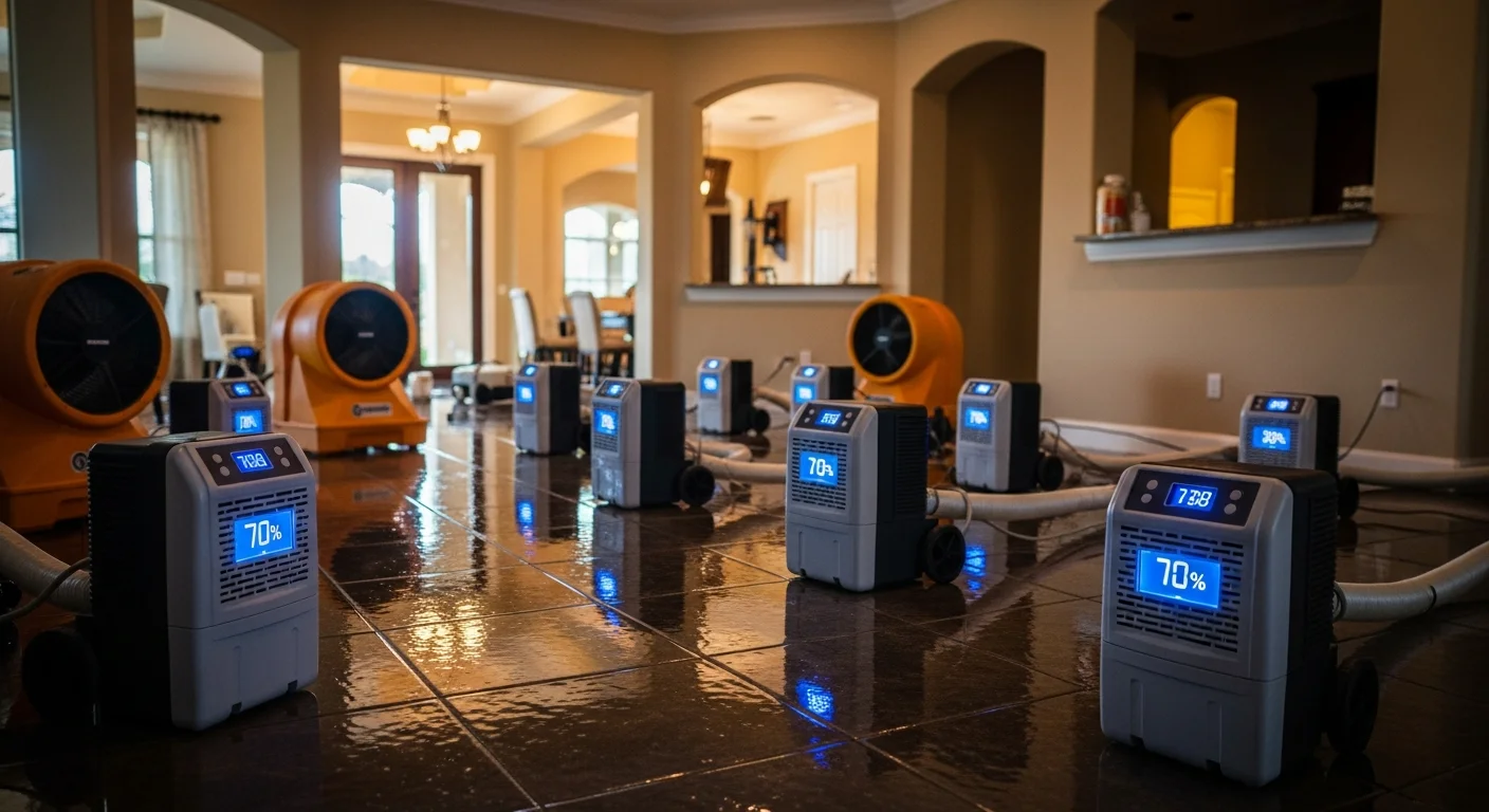 Commercial air movers and dehumidifiers operating in a Pembroke Pines Florida home after flooding