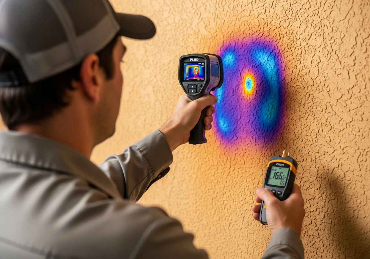 Thermal imaging revealing hidden moisture behind stucco wall in Pembroke Pines Florida home
