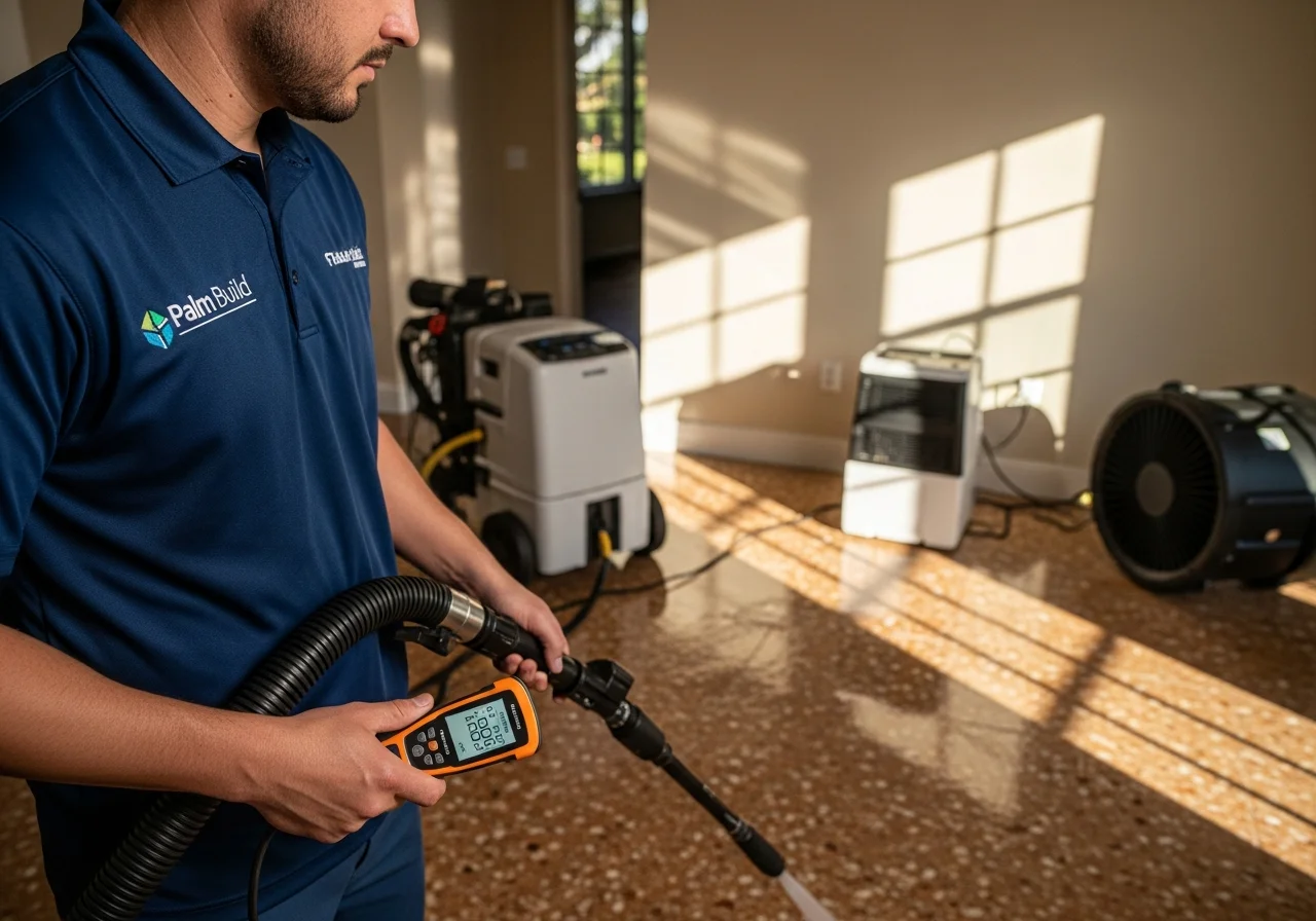 Palm Build technician using truck-mounted water extraction equipment on tile floor inside a Pembroke Pines Florida home