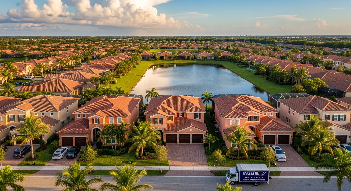 Aerial view of Mediterranean-style stucco homes with barrel tile roofs in a Pembroke Pines Florida gated community with retention lake and Palm Build restoration truck in driveway