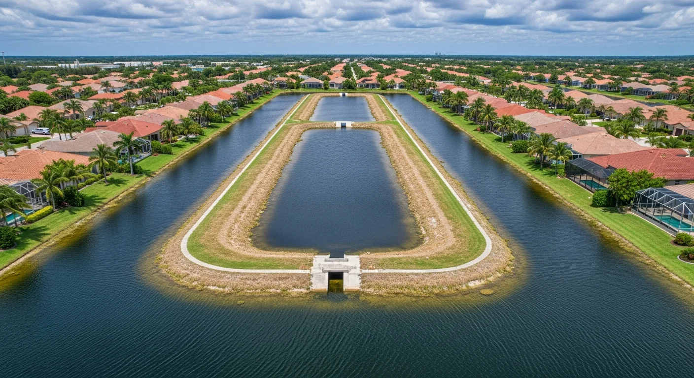 Aerial view of Pembroke Pines Florida canal and retention lake drainage system winding through residential neighborhoods with stucco homes and palm trees