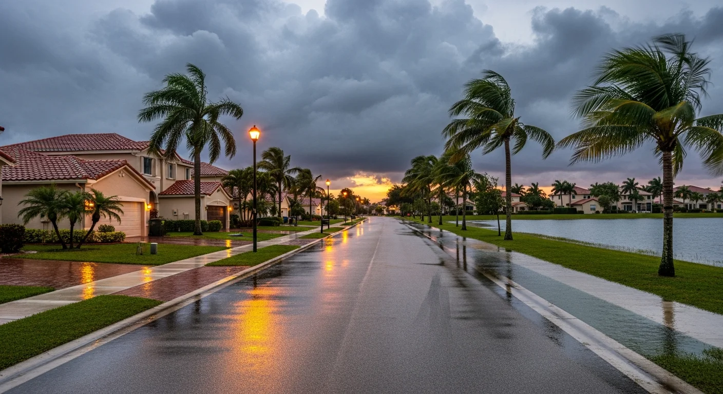 Street-level flooding in a Pembroke Pines Florida neighborhood after severe storm with water pooling against driveways and garage doors of stucco homes