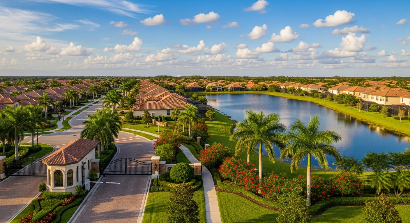 Aerial view of SilverLakes gated community in Pembroke Pines Florida showing Mediterranean homes surrounding a large retention lake