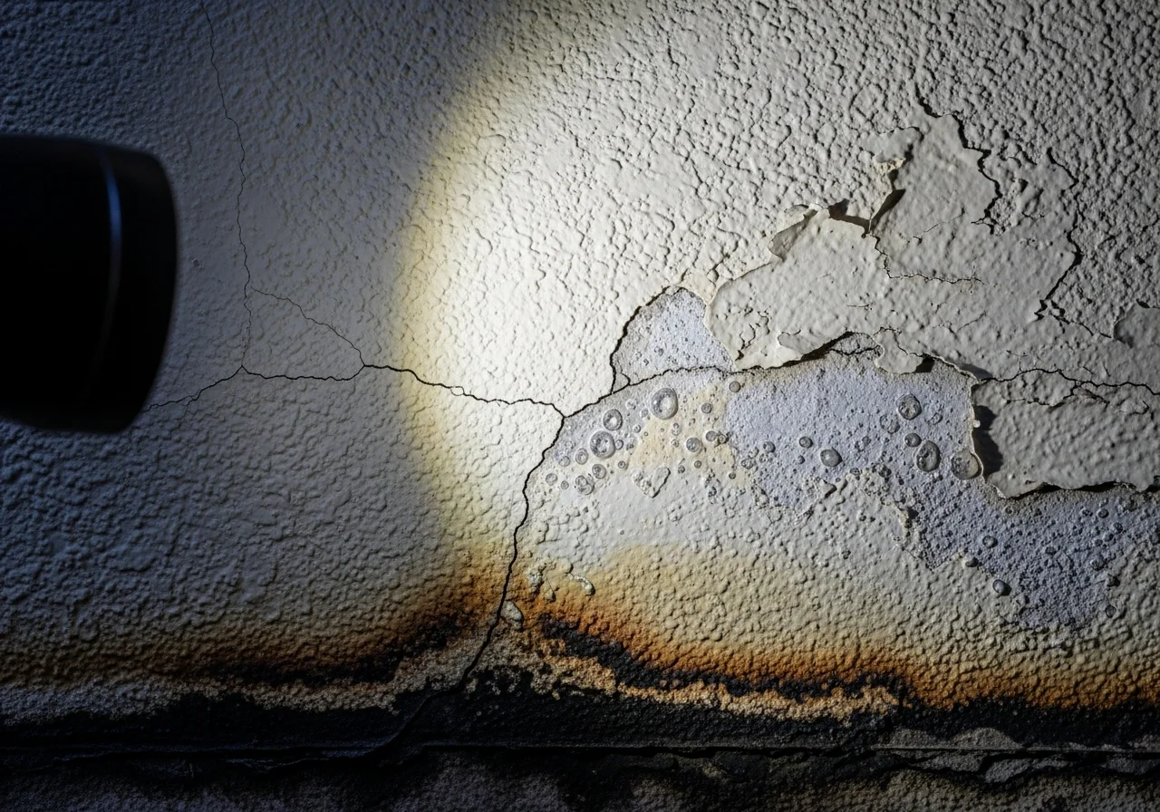 Close-up of water damage to stucco exterior wall of a Pembroke Pines Florida home showing hairline cracks and moisture staining