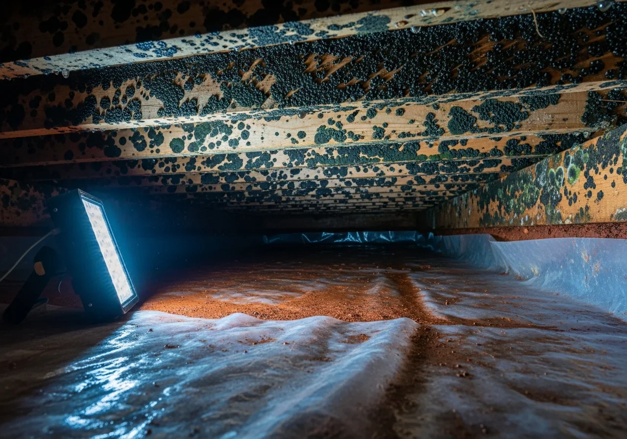 Mold growth on floor joists in a Pineville NC crawl space — white fuzzy surface mold on OSB subfloor panels caused by persistent soil moisture
