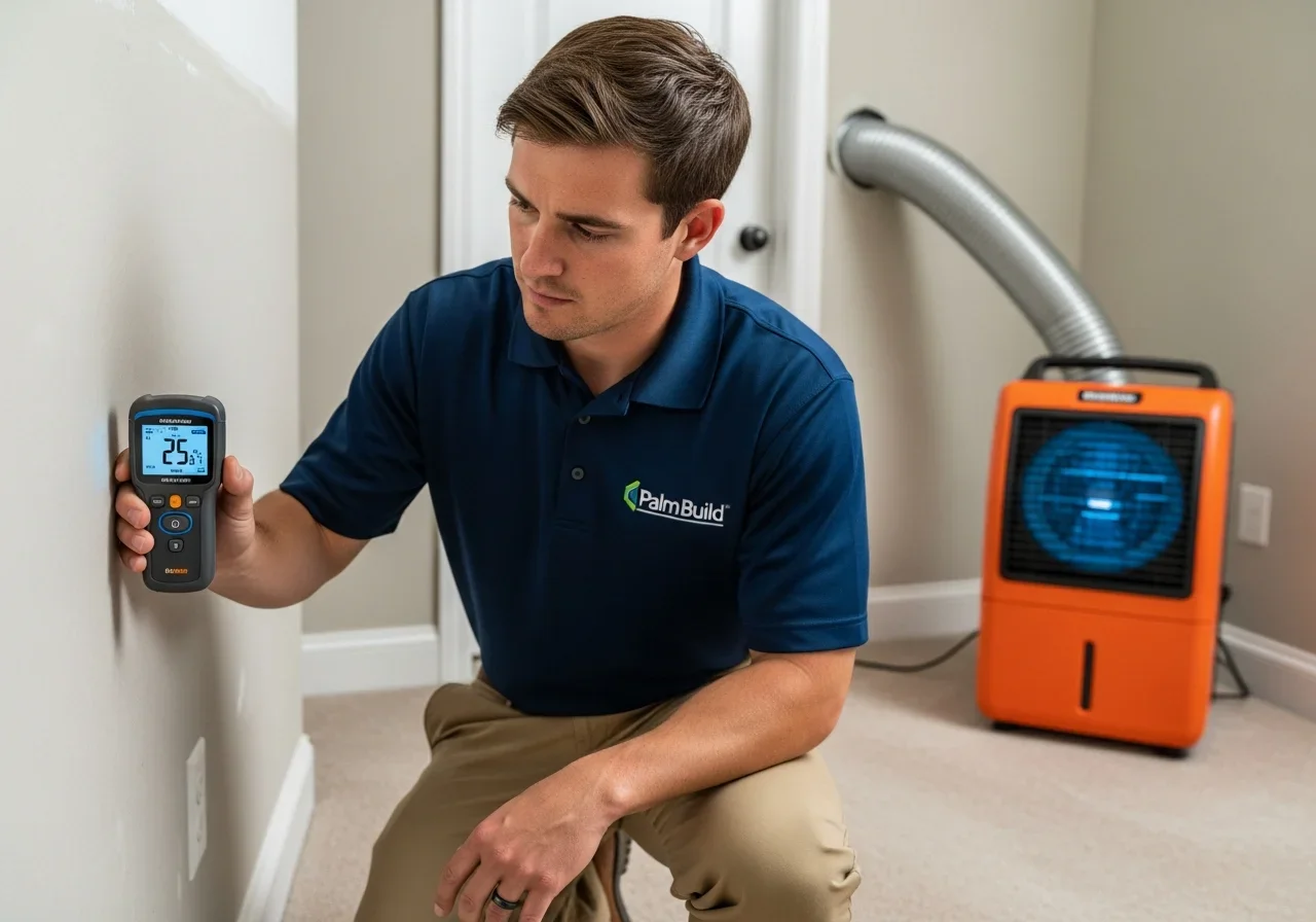 Palm Build technician using a calibrated moisture meter on a wall in a Pineville NC home showing elevated humidity readings