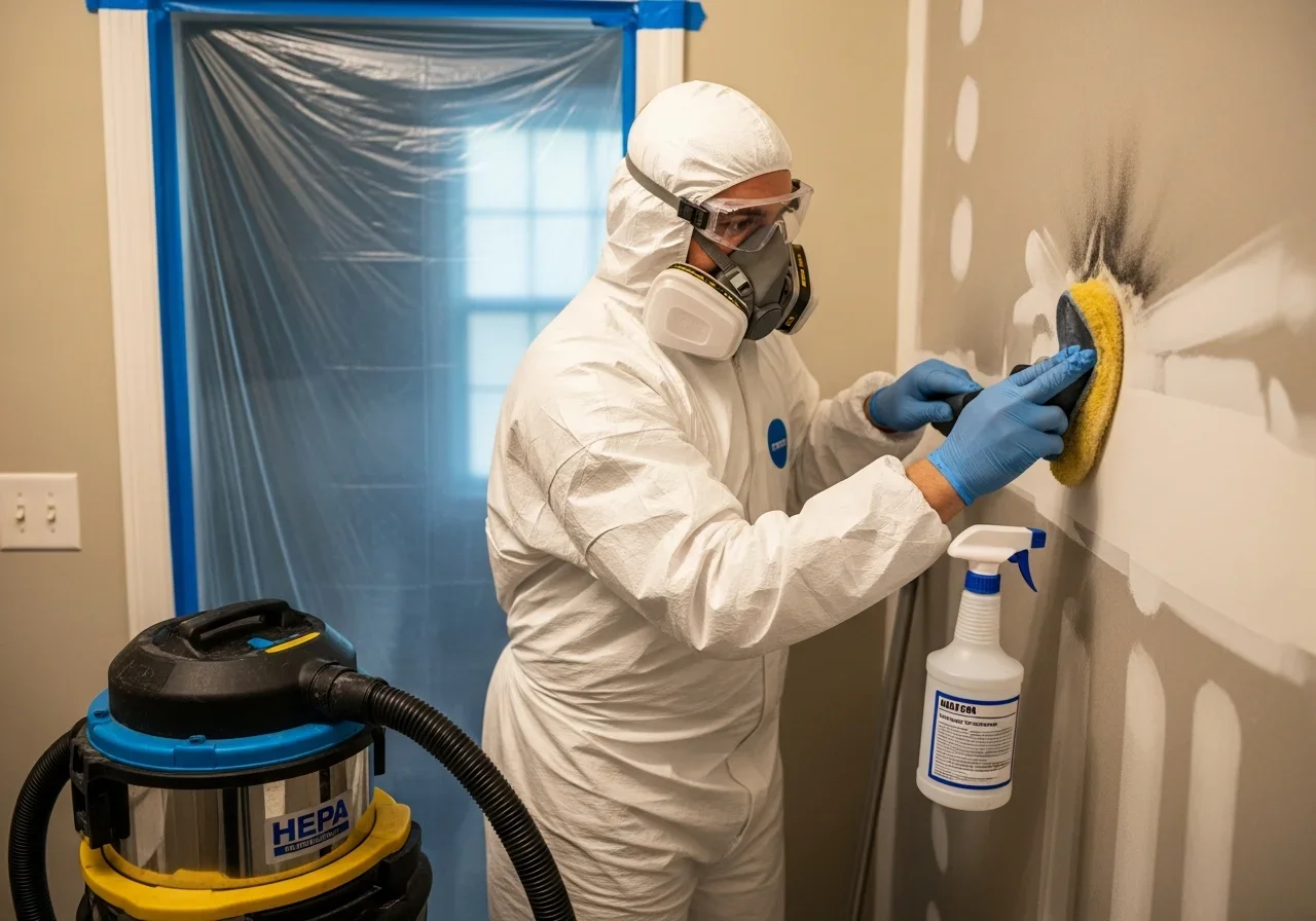 Palm Build mold remediation technician in full PPE applying antimicrobial treatment to a Pineville NC crawl space