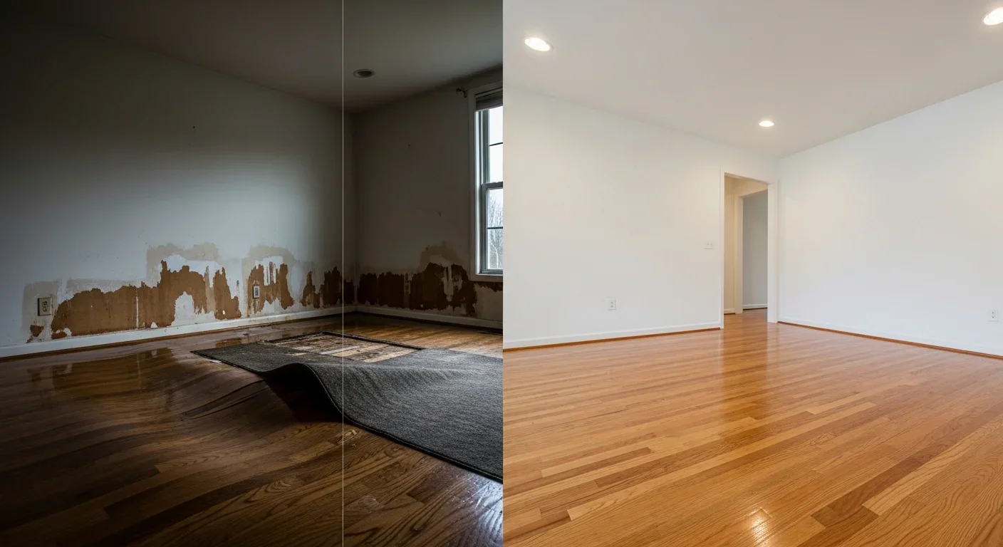 Before and after water damage restoration in a Pineville NC home — buckled water-damaged flooring restored to clean hardwood