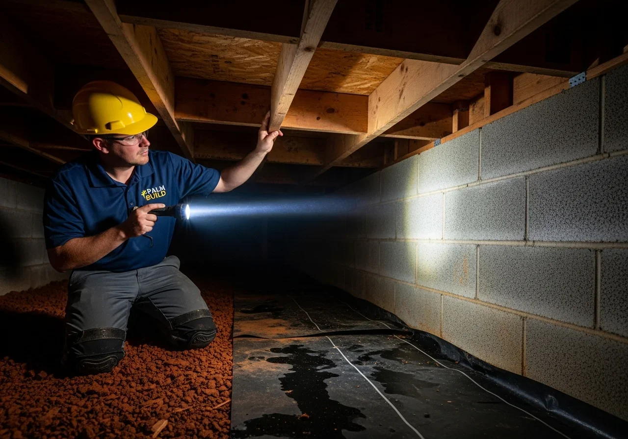 Palm Build technician with flashlight inspecting crawl space under a Pineville NC home — showing the detail-level inspection Palm Build provides