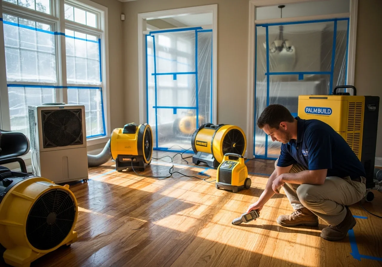 Commercial air movers and dehumidifiers set up in a Pineville NC home during the structural drying phase of water damage restoration